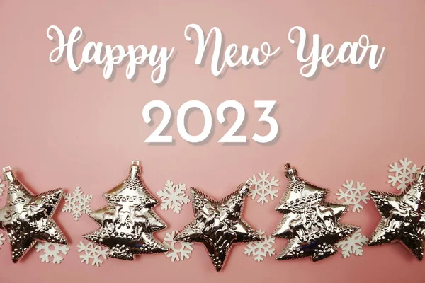 Happy New Year 2023 Decoration Christmas Ornament Flat Lay Pink — Stock Photo, Image