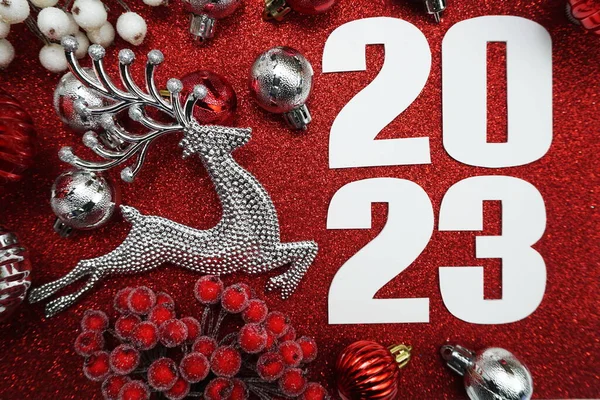 Happy New Year 2023 Decoration Christmas Ornament Flat Lay Red — Stock Photo, Image