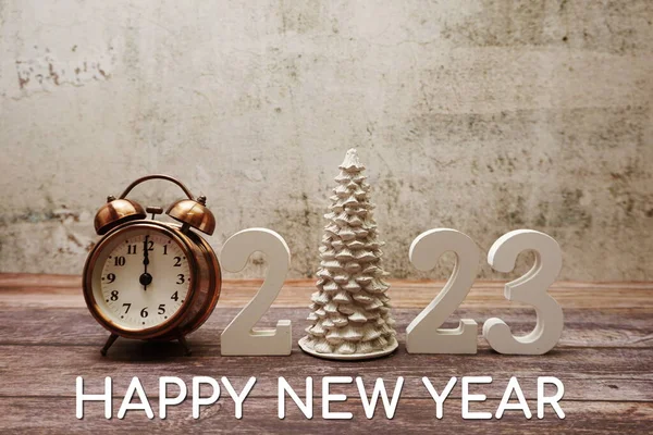 Happy New Year 2023 Calligraphy Alphabet Letter Vintage Alarm Clock — Stock Photo, Image