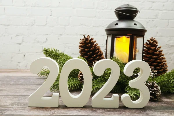 2023 Feliz Ano Novo Com Lanterna Natal Decorativo Com Cópia — Fotografia de Stock