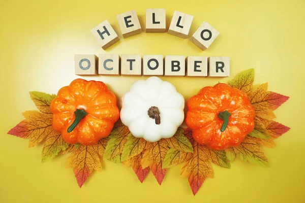 Hello October Alphabet Letter Pumpkin Maple Leaves Decoration Yellow Background — Stock Photo, Image