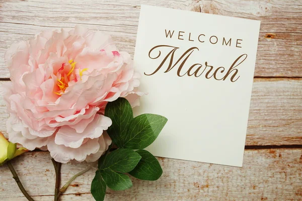 Welcome March Card Typography Text Flower Bouquet Wooden Background — Stock Photo, Image