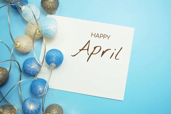 Happy April Typografie Text Mit Led Wattebausch Auf Blauem Hintergrund — Stockfoto