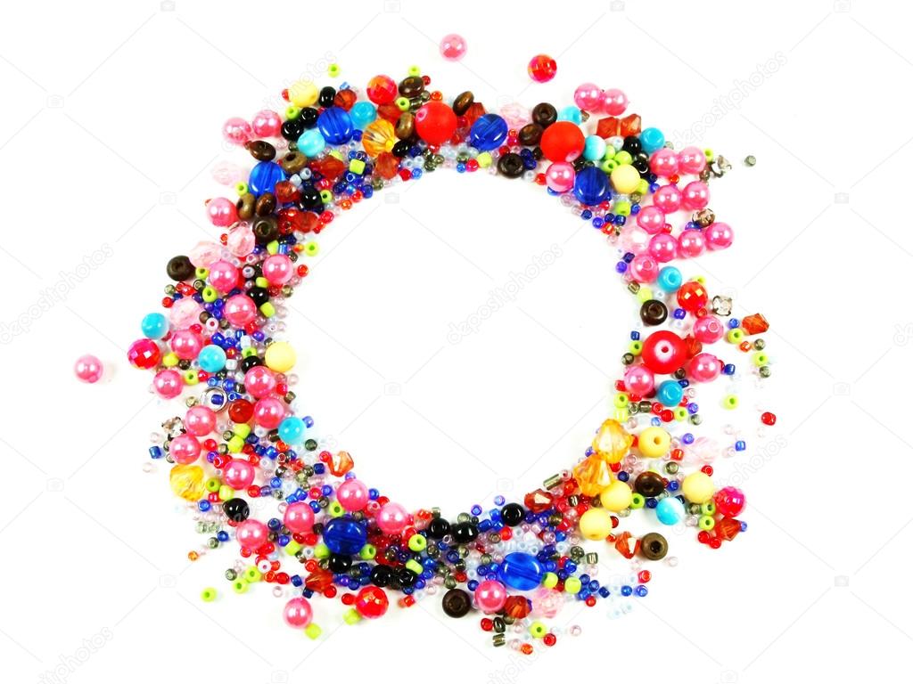 Colorful beads circle shape space for photo or text isolated on white background