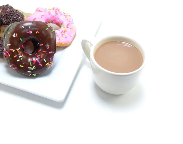 Close up chocolate milk and dunut on white background — Stock Photo, Image