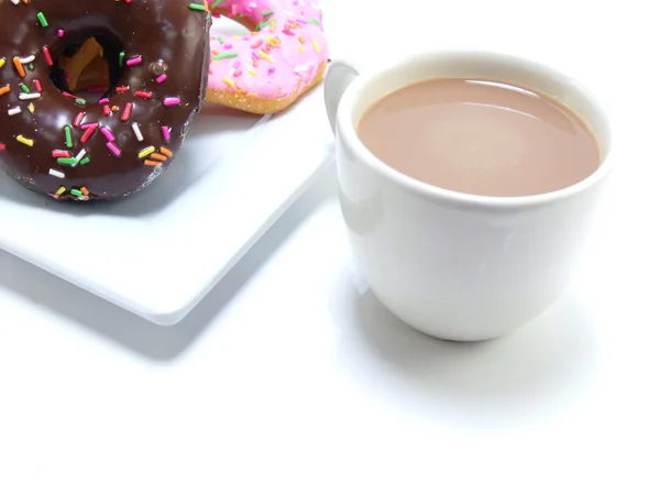 Close up chocolate milk and dunut on white background — Stock Photo, Image