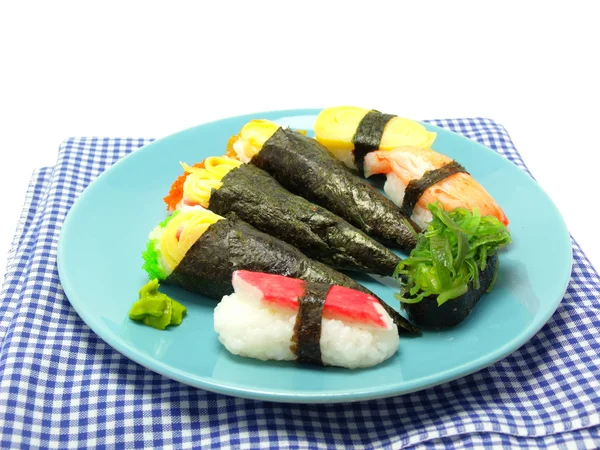 Delicious sushi on blue dish — Stock Photo, Image