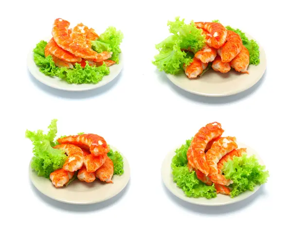 Shrimps tails with green fresh origanum and lettuce — Stock Photo, Image