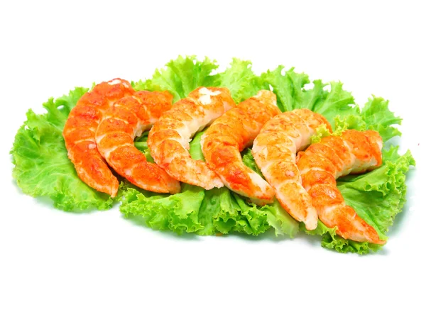 Shrimps tails with green fresh origanum and lettuce — Stock Photo, Image