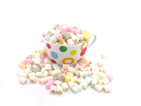 Pink and white marshmallows in bowl over wood white background — Stock Photo, Image