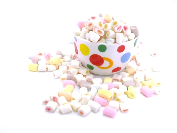 Pink and white marshmallows in bowl over wood white background — Stock Photo, Image