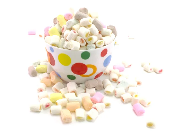 Pink and white marshmallows in bowl over wood white background — Stock Photo, Image