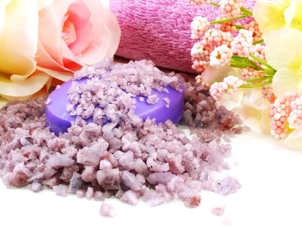 Sea salt spa and soap lavender scent on white background selective focus Stock Image