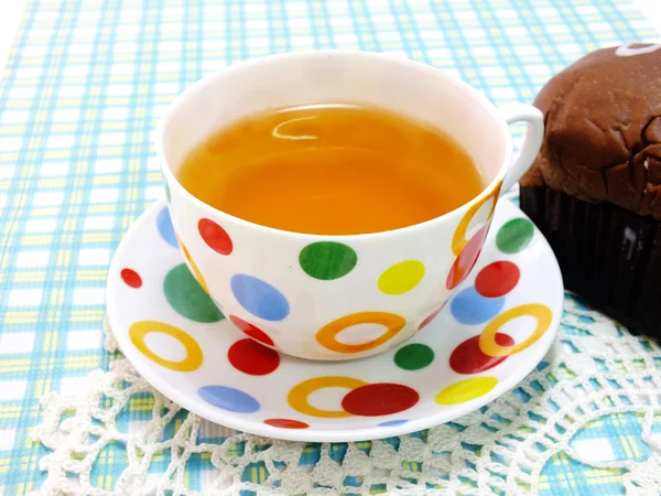 Tea and chocolate bread with banana cream — Stock Photo, Image