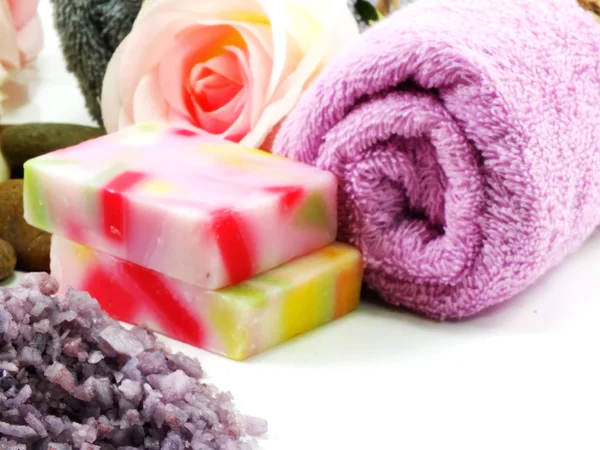 Mixed fruit soap and towel for clean and health skin care — Stock Photo, Image