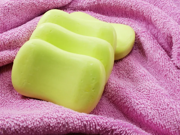 Bar of natural soap for cleaning and healthy on towel selective focus — Stock Photo, Image