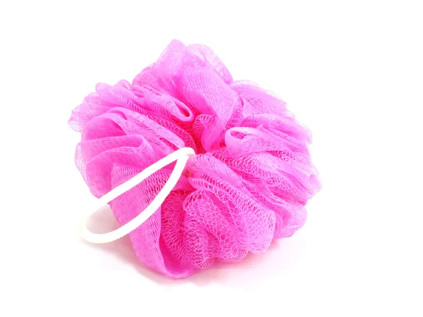 Pink plastic bath puff isolated on white background — Stock Photo, Image