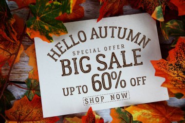 Merhaba Sonbahar İndirimi% 60 indirimli Ahşap arka planda akçaağaç yaprağı süslemesi