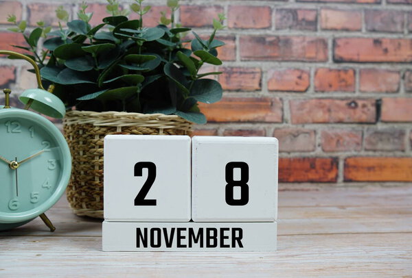Wooden Calendar Showing the Date of November 28th. Day 28 of November Month