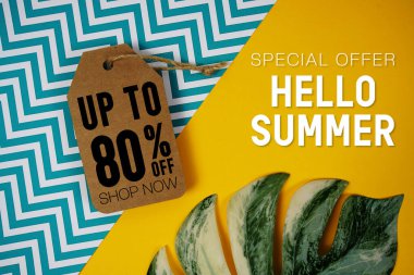 Merhaba Yaz Satışı% 80 fiyat etiketi ve sarı arka planda yaz süslemeleri