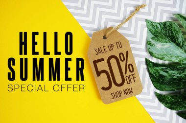 Merhaba Yaz Satışı% 50 Fiyat etiketi ve sarı arka planda yaz süslemeleri