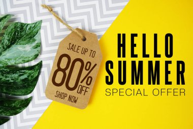Merhaba Yaz Satışı% 80 fiyat etiketi ve sarı arka planda yaz süslemeleri