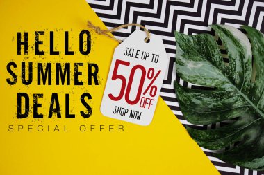 Merhaba Yaz Satışı% 50 Fiyat etiketi ve sarı arka planda yaz süslemeleri