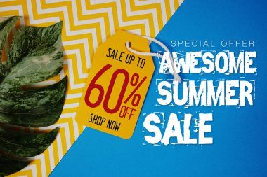 Merhaba Yaz Satışı% 60 Fiyat etiketi ve mavi arka planda yaz süslemeleri