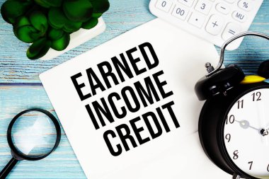 Kazanılan gelir, kağıt üzerine yazılmış mavi tahta bir yüzeye, yanında bir büyüteç, bir saat, bir hesap makinesi ve küçük bir bitki.