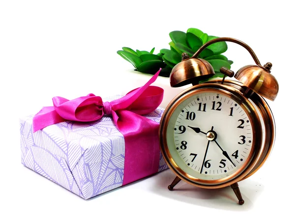 Gift box with alarm clock — Stock Photo, Image