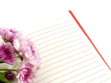 Açık not defteri ve güzel Kasımpatı pembe çiçekler buket