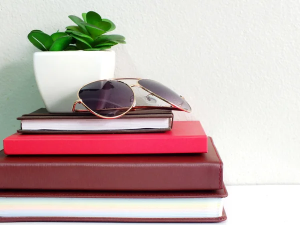 Pilha de notebook com artificial de planta e óculos de sol — Fotografia de Stock