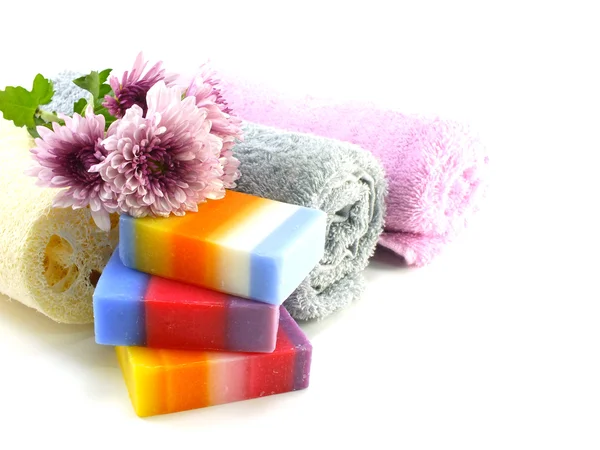 Natural colorful mix fruit soap with towel and luffa for cleaning — Stock Photo, Image