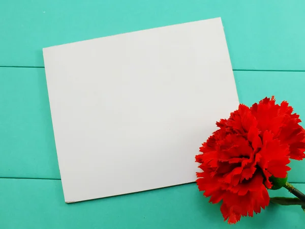 白卡和红色人造康乃馨情人节绿色背景 — 图库照片