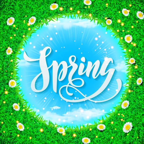 Spring  vector poster illustration with grass, clouds and flowers — Stock Vector