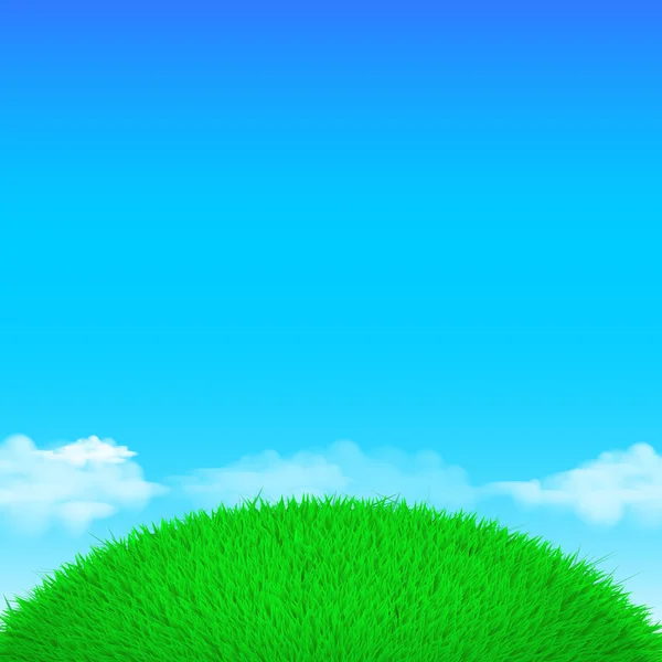 Spring vector eco poster illustration with grass and sky clouds — Stockvector
