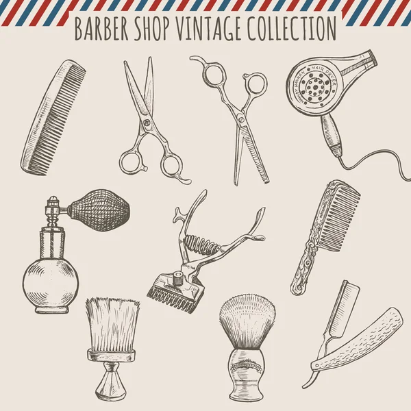 Vector barber shop vintage tools collection.  Pencil hand drawn illustration — Stock Vector