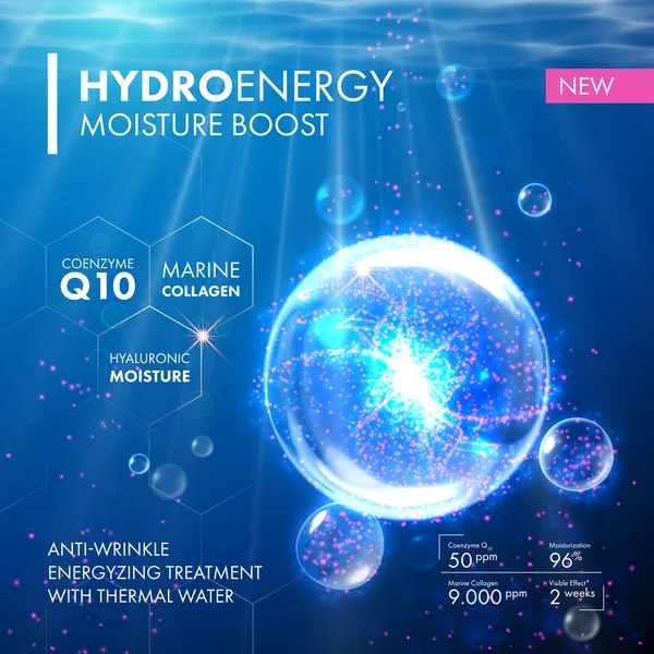 Caída de la burbuja de la molécula de humedad de la coenzima Q10 de Hydro Energy — Vector de stock