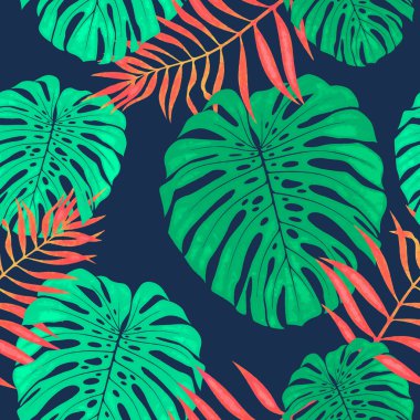 Monstera Dikişsiz desen bırakır. Vektör tropikal botanik çizim.