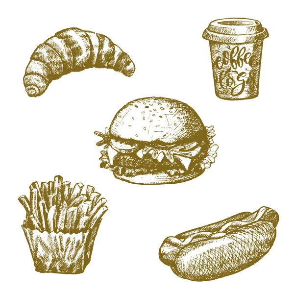 Fast-Food-Snacks und Desserts skizzieren Symbole — Stockvektor