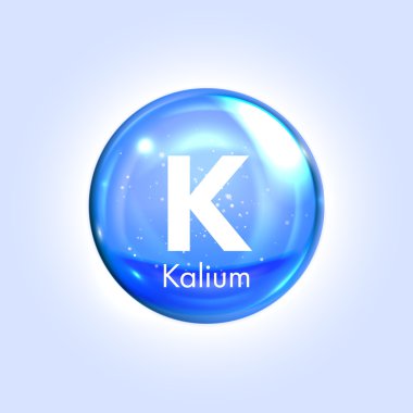 Kalium mineral mavi simgesi. Vektör 3d damla hap kapsül