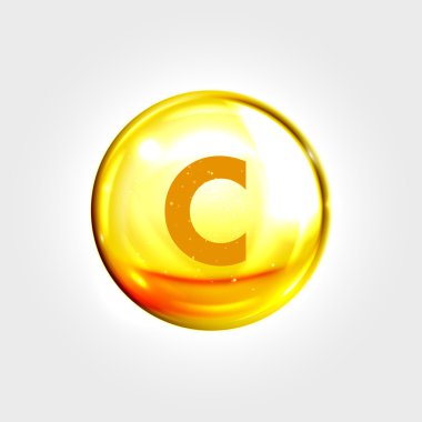 C vitamini altın simgesi. Askorbik asit hapı kapsülü