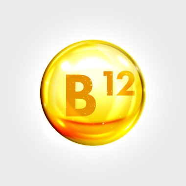 Vitamin B12 altın simgesi. Kobalamin damla hapı kapsülü