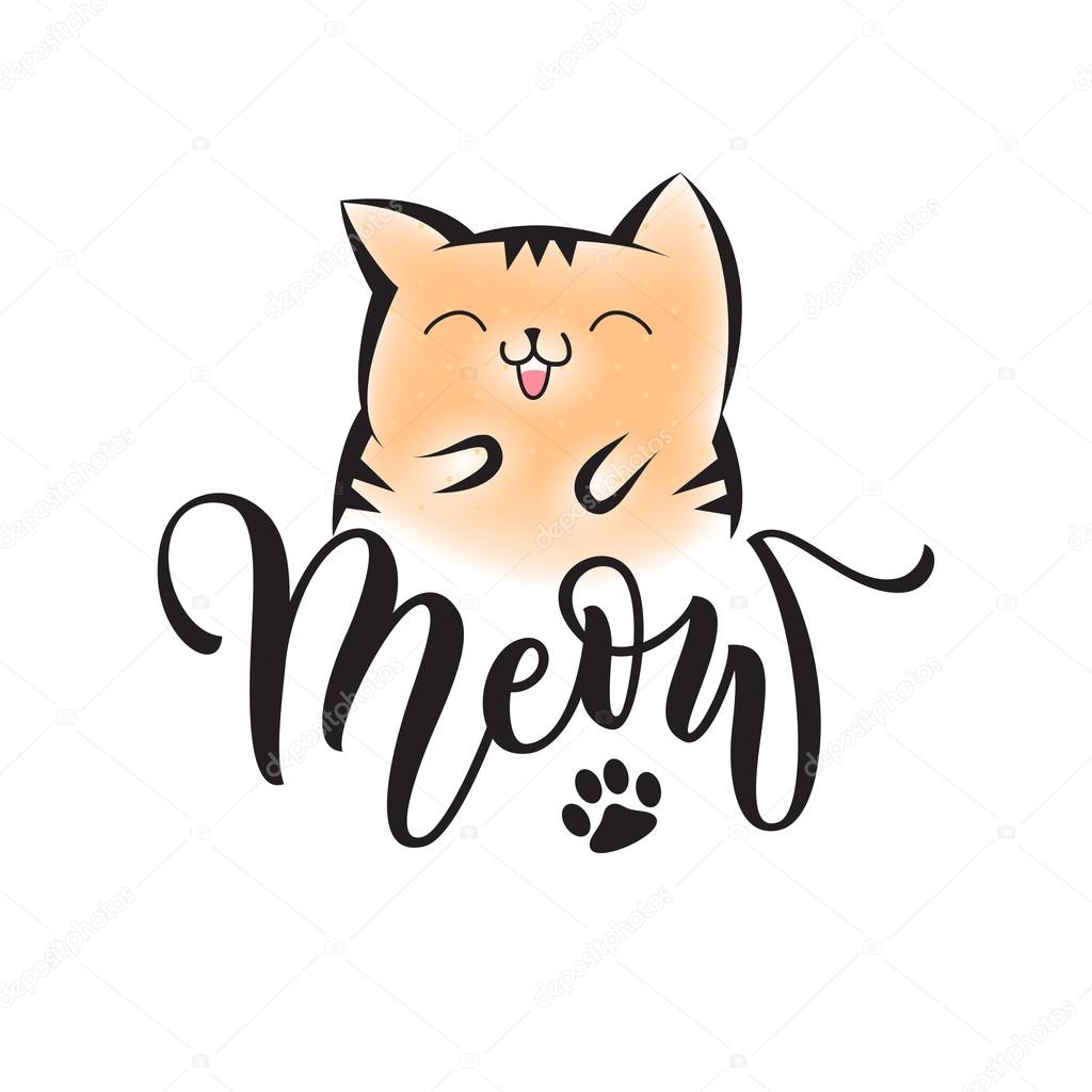 Vector black lettering Meow with cute smiling cat