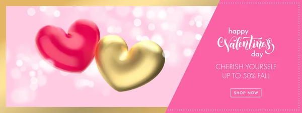 Valentijnsdag Verkoop Banner Achtergrond Valentijnsdag Gouden Hart Ballon Roze Bokeh — Stockvector