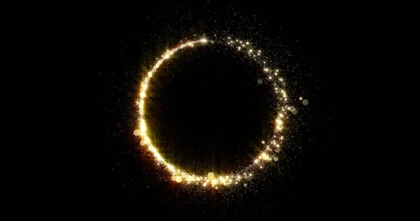 Gold glitter circle trail with glittering glister. Shiny golden glittering ring with light sparks and particles trace, glisten bokeh sparks and shimmer swirl black background