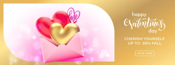 バレンタインデーの販売バナーの背景とバレンタイン封筒 ベクトルピンクのボケを背景にゴールドハートバルーンをバレンタイン ウェブサイトのバナーやグリーティングカード — ストックベクタ