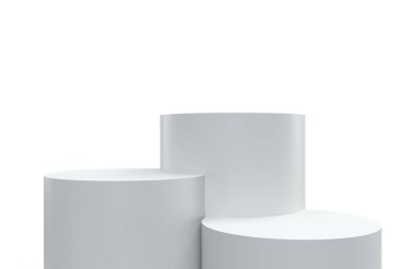 Podyum arka planda, ürün ekran platformu, gerçekçi 3D sahne arkası. Ürün gösterimi için beyaz minümal yuvarlak podyumlar veya sütun platformu