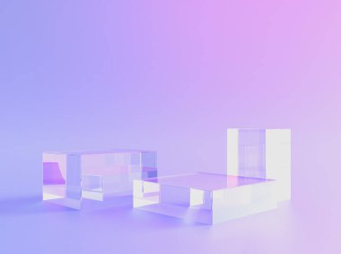 Ürün arka plan podyumu veya 3 boyutlu cam ekran arka plan, kristal kaide platformu. Şeffaf cam ürün görüntüleme arkaplanı, sunum ve model 3d görüntüleme sahnesi
