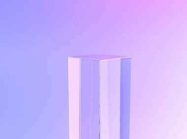 Cam podyum kaidesi veya kristal sergisi, 3 boyutlu ürün standının arka planı. Sunum kristal cam sütun sütununun kürsüsünü veya kaidesini gösterir